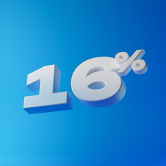 White sixteen percent or 16 % isolated over blue background. 3D rendering.