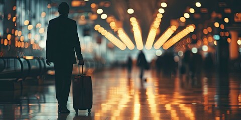 Business travel concept. Unrecognizable businessman with suitcase at airport terminal. Modern business journey. Young man walking with departure hall. Professional traveler with suitcase inside - obrazy, fototapety, plakaty