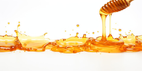 splashes of honey, a yellow transparent liquid on a surface on a white background