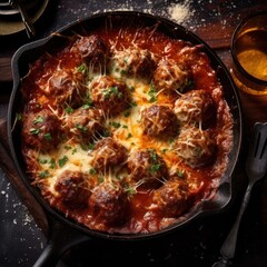 A cast iron skillet with meatballs in tomato sauce baked with cheese
