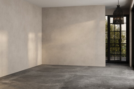 Modern contemporary empty room yard view 3d render overlooking the living room behind the room has concrete floors, beige walls for copy space, sunlight enter the room.