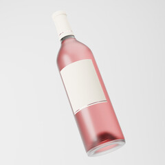 Falling frosted glass bottle of rose wine with blank label isolated over white background. Mockup template. 3d rendering.