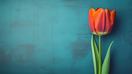 A vibrant orange tulip set against a contrasting deep blue and green textured wall backdrop Ai Generative