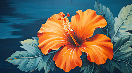 An exotic orange hibiscus flower captured in front of a deep blue and green mural wall, creating a tropical vibe Ai Generative