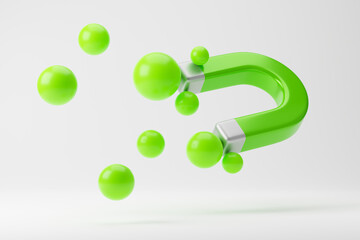 Metal green magnet attracting green spheres isolated over white background. Mockup template. 3d rendering.