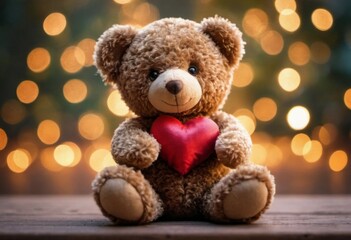 Fototapeta premium Teddy bear with a heart. Backdrop with selective focus and copy space