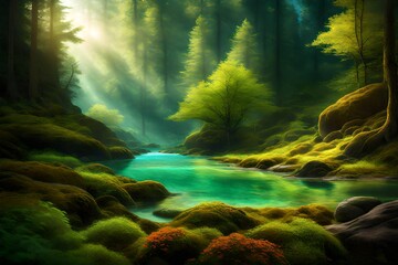 Flowing Waters in Verdant Embrace. Generative AI
