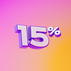 White fifteen percent or 15 % with purple outline isolated over pink and yellow background. 3D rendering.