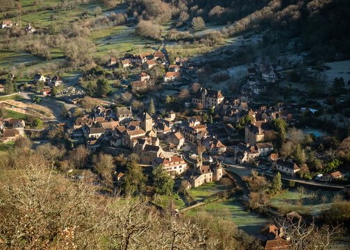 The medieval village of Autoire on a frosty winters morning in the Lot region of France
