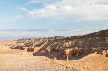 Fototapeta na wymiar Evening landscape view of Charyn canyon or the Grand canyon of Kazakhstan, horizontal shot