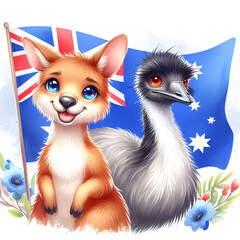 Obraz premium The concept of national day of Australia: illustration of charming and adorable kangaroo and emu, against of Australian flag, surrounded by beautiful flowers, giving image a lively and playful vibe