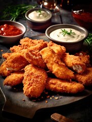 Fototapeta premium Crispy chicken strips with dipping sauce