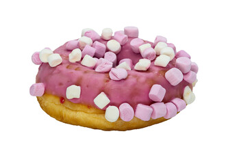 Strawberry-covered donut adorned with fluffy marshmallow pieces isolated on white or transparent