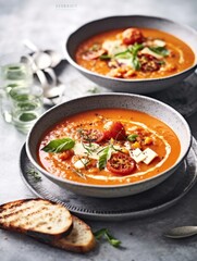 Roasted tomato soup in bowls