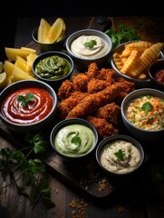 Various dipping sauces in bowls on a dark wooden table with chicken goujons in the background