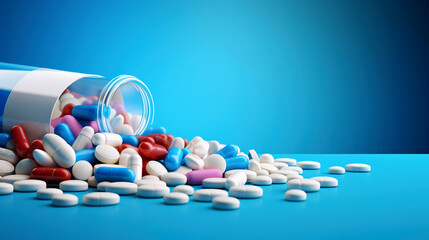 Pills spilling out of pill bottle on blue background. Variety of pharmaceutical tablets and capsules on a white background. Medicines without packaging. Composition with a bunch of colorful pills. - obrazy, fototapety, plakaty