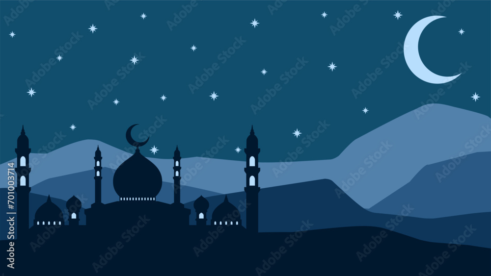 Wall mural Mosque silhouette in the night with crescent moon. Ramadan landscape design graphic in muslim culture and islam religion. Mosque landscape vector illustration, background or wallpaper