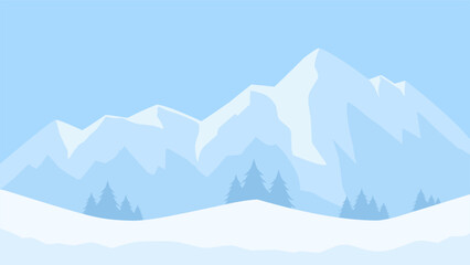 Snowy mountain landscape vector illustration. Scenery of landscape snow covered mountain in cold season. Winter mountain landscape for background, wallpaper or illustration