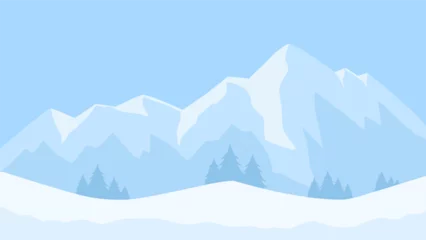 Fotobehang Snowy mountain landscape vector illustration. Scenery of landscape snow covered mountain in cold season. Winter mountain landscape for background, wallpaper or illustration © Moleng