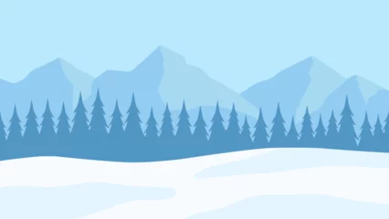 Rolgordijnen Winter pine forest landscape vector illustration. Silhouette of snow covered coniferous in cold season. Snowy pine forest landscape for background, wallpaper or christmas © Moleng