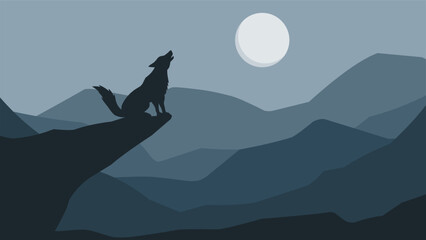 Wildlife wolf landscape vector illustration. Silhouette of wolf howling at full moon night. Wildlife wolf landscape for illustration, background or wallpaper