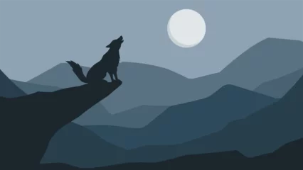 Fotobehang Wildlife wolf landscape vector illustration. Silhouette of wolf howling at full moon night. Wildlife wolf landscape for illustration, background or wallpaper © Moleng