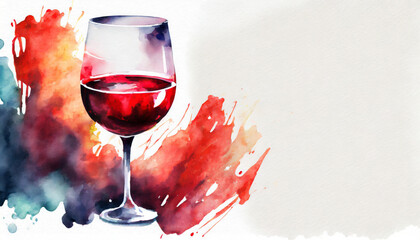 A glass of red wine on white background, copy space, watercolor art style