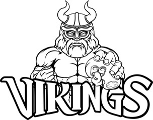 A Viking or gladiator warrior gamer mascot with video games controller