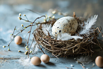 Obraz premium nest with delicate feathers and a single painted egg, creating a peaceful and minimalist Easter background, minimalistic photo