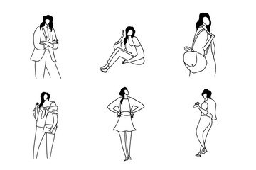 Minimalistic, modern and stylish fashion ladies set. Vector illustration in hand drawn outline doodle simple contour style isolated on white background. For wrapping, presentation, poster, poster.