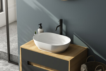 3D render close up perspective blank empty space on ceramic vanity unit counter top in the bathroom with white ceramic porcelain sink with faucet, morning sunlight, wall, Elegance