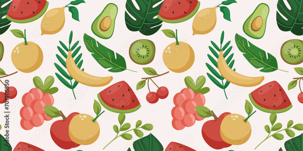 Poster Seamless fruit pattern. Vector and summer pattern style for picnics, wallpapers and various prints. Juicy fruits, vector pattern.