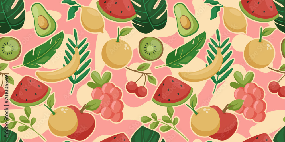 Poster Fruit juicy pattern. Vector and summer pattern style for picnics, wallpapers and various prints. Seamless fruit pattern.