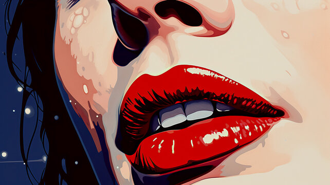 Beautiful female lips with red lipstick. illustration in pop art style. Woman red lips close-up risograph style.