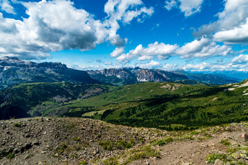 Sella, Langkofel, Peitlerkofel mountain groups in the Dolomites and part of Otztla Alps on the background from Sief mountain peak