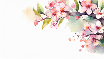 Cherry blossom branch, copy space on a side, watercolor art style