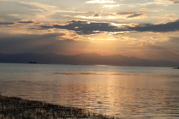 Reflection of the sunset on the lake.