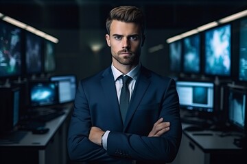 Portrait of a handsome businessman standing with arms crossed in front of computer monitors