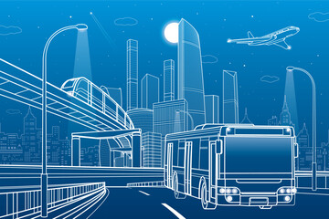 Outline city illustration. Bus moving on highway. Railroad bridge. Car overpass. Train rides. City Infrastructure and transport image. Urban scene. Vector design art. White lines on blue background - obrazy, fototapety, plakaty