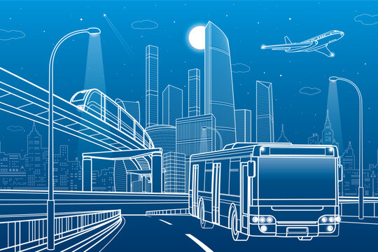 Outline city illustration. Bus moving on highway. Railroad bridge. Car overpass. Train rides. City Infrastructure and transport image. Urban scene. Vector design art. White lines on blue background