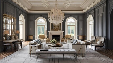 Fototapeta na wymiar Grand living room adorned with classic moldings, luxurious fabrics, and a statement chandelier