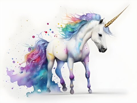 Beautiful cute unicorn with rainbow color isolated on a white background, Watercolor Rainbow illustration.