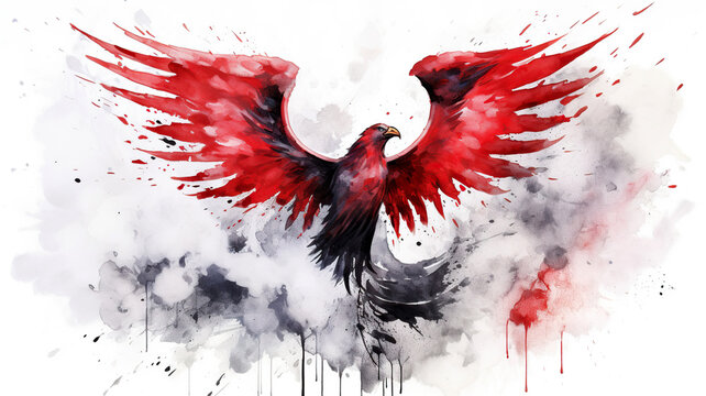 Red and black eagle in the smoke on a white background. Watercolor painting of a eagle . Watercolor illustration.