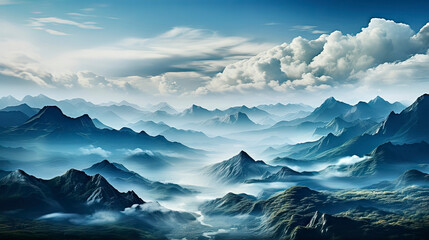 Clouds Above the Jagged Peaks of a Blue Mountain Landscape with Misty Valleys
