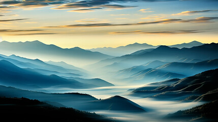 Tranquil Scene of Blue Hills and Mountains with Mist in Valleys under Calm Weather and Mildly Cloudy Sky