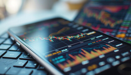 Realistic smartphone mockup. 3d candlestick chart of stock sale and buy. Market investment, online trade on mobile phone. transparent shadow, blur effect. Business application interface design.