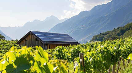 Solar panels on the roof of the building in the middle of the vineyard. Modern green technology. - Powered by Adobe