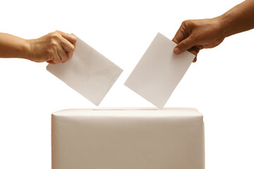 hand holding the ballot into the ballot box. election day concept isolated white background.
