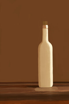 Still Life Illustration of Cream-Colored Bottle on Table and Pastel Brown Background. Vertical.