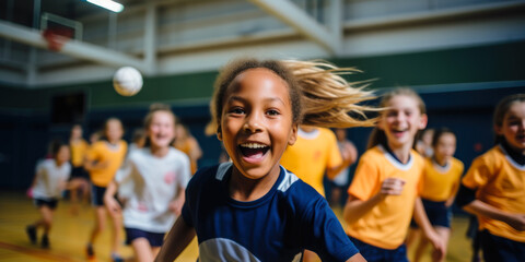 Girl Smiling Playing Volleyball with Teammates in Gym.